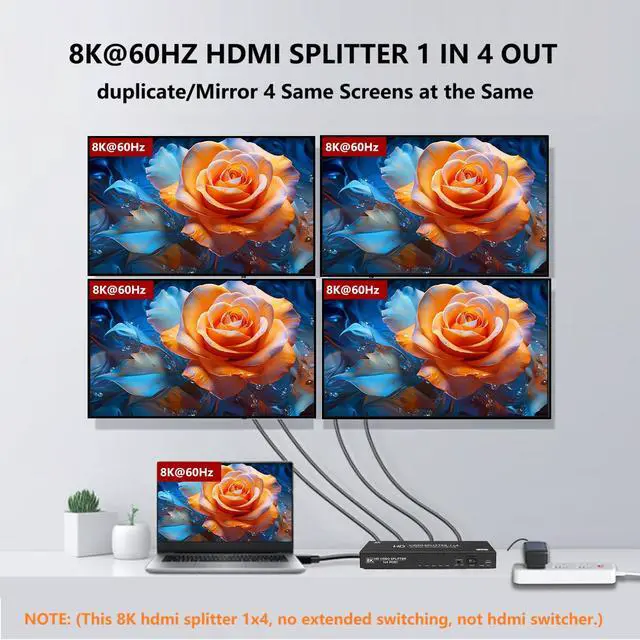 Alt view image 2 of 7 - 8K HDMI Splitter 1 in 4 Out,4k@120Hz 1X4 hdmi 2.1 Splitter Support 8k@60Hz,4:4:4,48 Gbps,EDID,Auto Down Scaler,8K & 4K or 1080P Sync HDCP 2.3, VRR, HDR10+ for PS5Laptop,HDTV,Projector