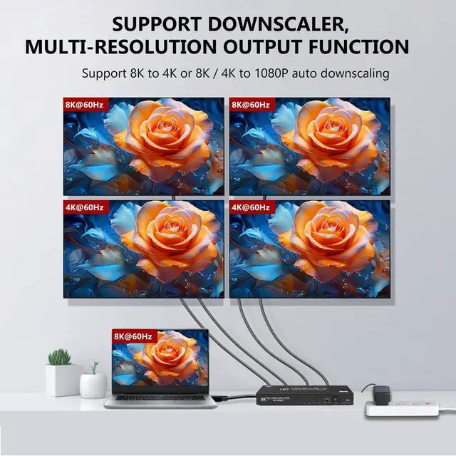 Alt view image 3 of 7 - 8K HDMI Splitter 1 in 4 Out,4k@120Hz 1X4 hdmi 2.1 Splitter Support 8k@60Hz,4:4:4,48 Gbps,EDID,Auto Down Scaler,8K & 4K or 1080P Sync HDCP 2.3, VRR, HDR10+ for PS5Laptop,HDTV,Projector