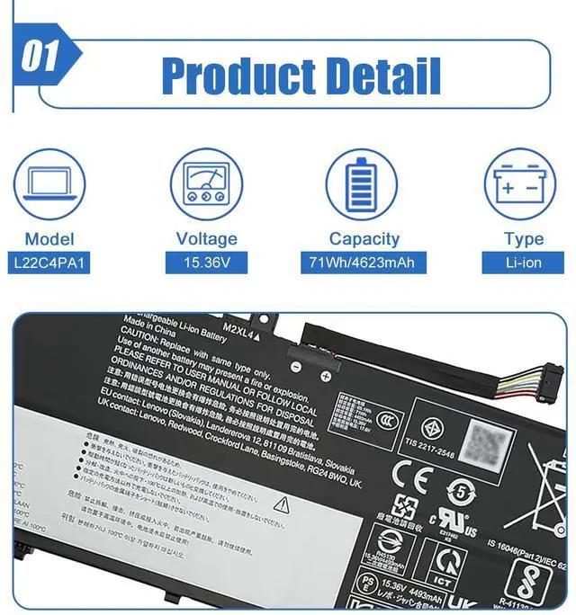 Alt view image 2 of 6 - L22C4PA1 Laptop Battery 71Wh Replacement for Lenovo Yoga 7 14IRL8 14ARP8 16IRL8 16ARP8 Yoga 7 2-in-1 14IML9 14AHP9 16IML9 16AHP9 Series L22D4PA1 SB11K38967 L22M4PA1 SB11K38964