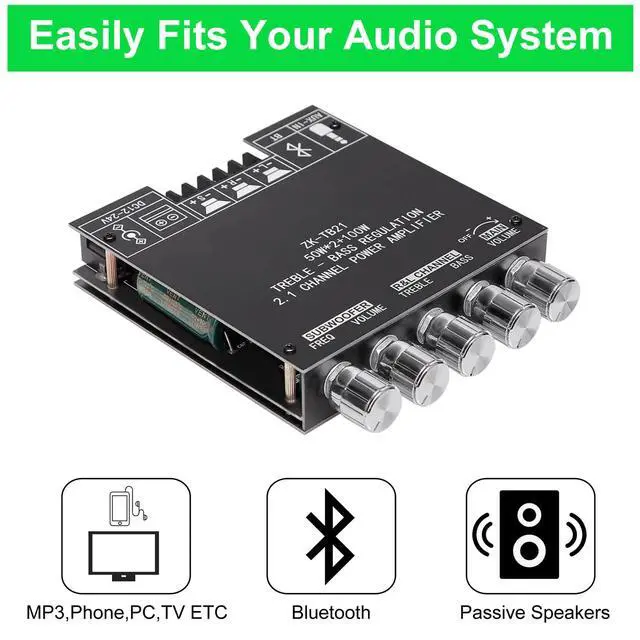 Alt view image 5 of 7 - 2PCS ZK-TB21 Bluetooth Amplifier Board,Bluetooth5.1 TPA3116 Chip with Subwoofer 2.1 Channel 50W×2+100W, DC 12-24V Bluetooth and AUX Inputs,Stereo Digital AMP for DIY Home Speakers