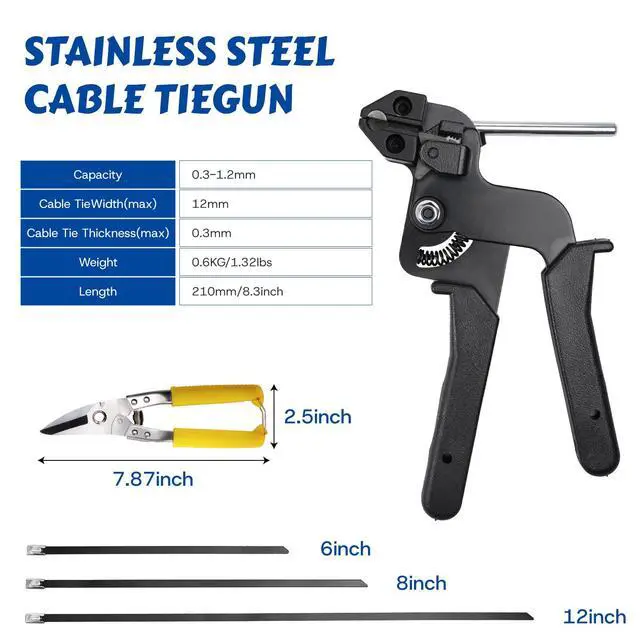Alt view image 2 of 6 - Metal Zip Ties, Stainless Steel Cable Tie Gun Set with 300pcs Metal Zip Tie Heavy Duty Outdoor Adjustable Fastening Cutting Tie Tool Sets for Chain Link Fence, Exhaust Pipe, Farms, Poultry Fence