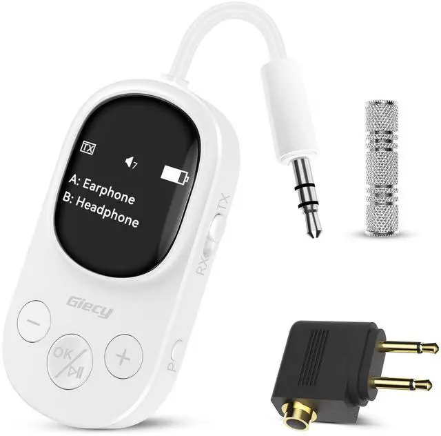 Main image of Airplane Bluetooth 5.3 Transmitter Receiver Adapter, Supports 2 AirPods or Headphones with aptX Low Latency, 3.5mm AUX Jack Wireless Audio Transmitter for Planes, Airline, Travel, TV (White)