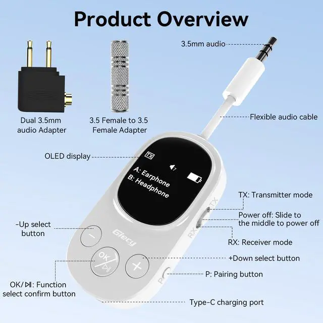 Alt view image 4 of 7 - Airplane Bluetooth 5.3 Transmitter Receiver Adapter, Supports 2 AirPods or Headphones with aptX Low Latency, 3.5mm AUX Jack Wireless Audio Transmitter for Planes, Airline, Travel, TV (White)