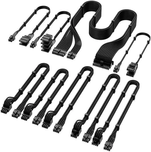 Main image of X-Enlazar PSU Cable Kit for Thermaltake Power Supplies - 90-Degree Connectors, Individually Sleeved with Braiding & Combs, 16AWG Wire, 9-Piece Kit, Type-B PCIe GPU Connectors - Black
