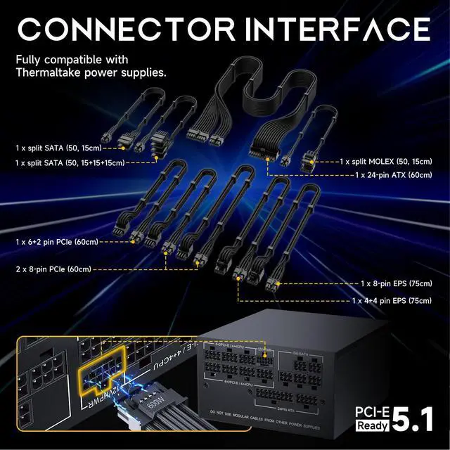 Alt view image 2 of 6 - X-Enlazar PSU Cable Kit for Thermaltake Power Supplies - 90-Degree Connectors, Individually Sleeved with Braiding & Combs, 16AWG Wire, 9-Piece Kit, Type-B PCIe GPU Connectors - Black