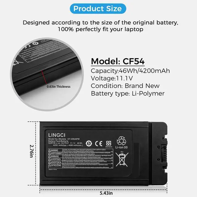 Alt view image 4 of 6 - CF54 Battery, CF-VZSU0PW CF-VZSU0PR, Battery Replacement Pack for Panasonic TOUGHBOOK CF54 CF-54 Mk1 Series 54 Gloved Multi Touch 54 Prime 11.1V 46Wh 4200mAh Li-Polymer