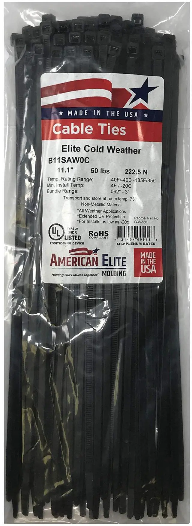 Main image of Extreme Cold Weather Black 11" Inch Cable Zip Ties 50 Pounds Tensile Strength UV Resistant Wire Wrap - 100 Pack - Made in USA