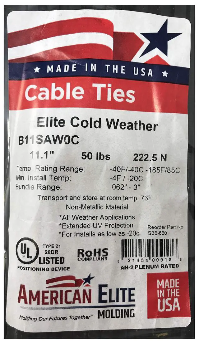 Alt view image 3 of 7 - Extreme Cold Weather Black 11" Inch Cable Zip Ties 50 Pounds Tensile Strength UV Resistant Wire Wrap - 100 Pack - Made in USA