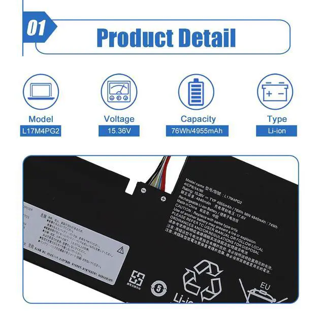 Alt view image 2 of 6 - 76Wh L17M4PG2 Laptop Battery Compatible with Lenovo Legion Y730-17ICH | For Legion Y740-17ICHG Y740-17IRH Y740-17IRHG Y9000K Series, L17C4PG2 L17L4PG2 L17S4PG2, 15.36V 4955mAh replacement Battery