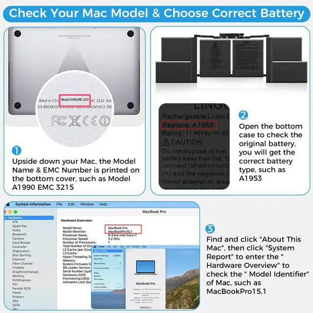 Alt view image 6 of 6 - A1990 Battery, A1953 Battery Replacement for MacBook Pro 15 Inch A1990 (Mid 2018 2019) (EMC 3215 3359)(Upgraded High Performance 7336mAh 83.6Wh 11.40V Li-Polymer)