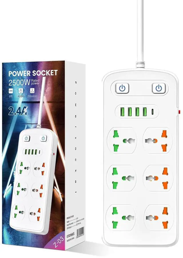 Main image of Universal Power Strip with USB and Type C Port, Surge Protector with 6 Universal Oulets and 4 USB, 110-250V, 6.5ft Extension Lead 2500W for European Travel, Home Office