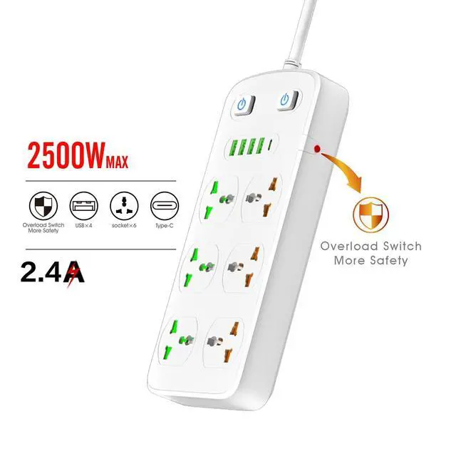 Alt view image 2 of 6 - Universal Power Strip with USB and Type C Port, Surge Protector with 6 Universal Oulets and 4 USB, 110-250V, 6.5ft Extension Lead 2500W for European Travel, Home Office