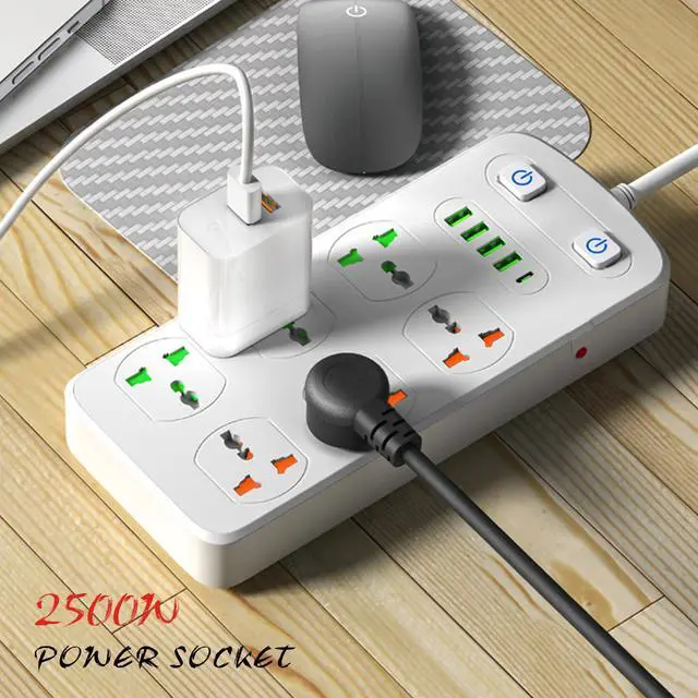 Alt view image 6 of 6 - Universal Power Strip with USB and Type C Port, Surge Protector with 6 Universal Oulets and 4 USB, 110-250V, 6.5ft Extension Lead 2500W for European Travel, Home Office