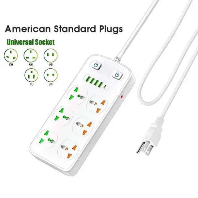 Alt view image 4 of 6 - Universal Power Strip with USB and Type C Port, Surge Protector with 6 Universal Oulets and 4 USB, 110-250V, 6.5ft Extension Lead 2500W for European Travel, Home Office