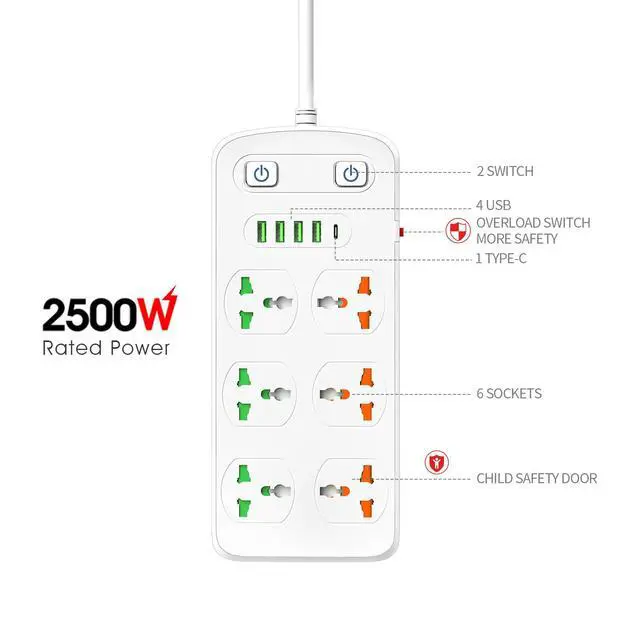 Alt view image 3 of 6 - Universal Power Strip with USB and Type C Port, Surge Protector with 6 Universal Oulets and 4 USB, 110-250V, 6.5ft Extension Lead 2500W for European Travel, Home Office