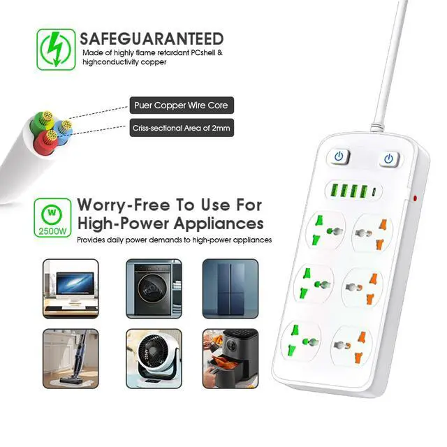 Alt view image 5 of 6 - Universal Power Strip with USB and Type C Port, Surge Protector with 6 Universal Oulets and 4 USB, 110-250V, 6.5ft Extension Lead 2500W for European Travel, Home Office