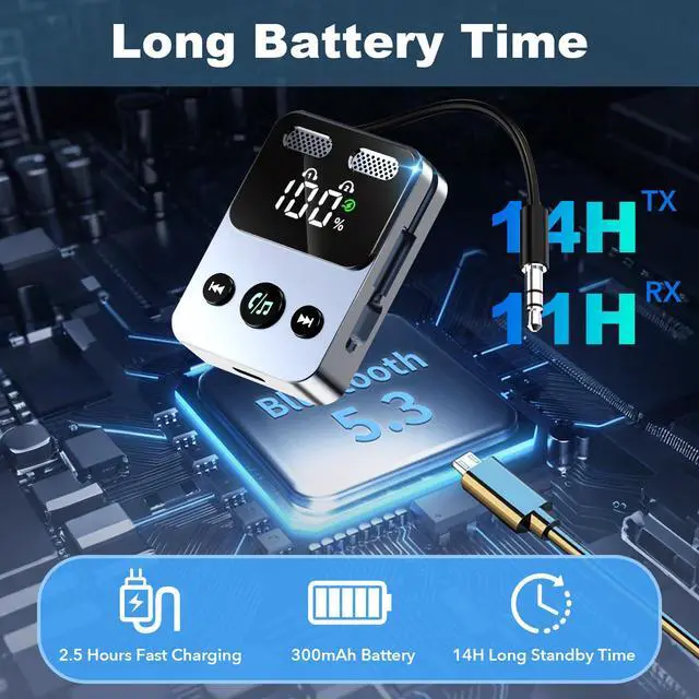 Alt view image 3 of 6 - Bluetooth Transmitter Receiver, 2-in-1 Bluetooth 5.3 Adapter for TV, Airplane, Gym Equipment, Cars, PC, Supports to 2 Wireless Headphones, Cell Phones, Wireless Receiver for Car, Home Stereo