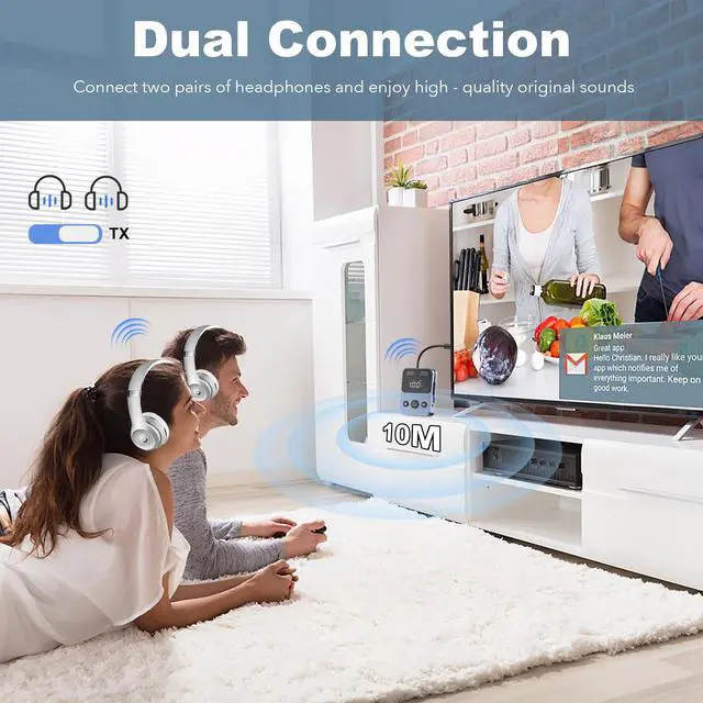 Alt view image 4 of 6 - Bluetooth Transmitter Receiver, 2-in-1 Bluetooth 5.3 Adapter for TV, Airplane, Gym Equipment, Cars, PC, Supports to 2 Wireless Headphones, Cell Phones, Wireless Receiver for Car, Home Stereo