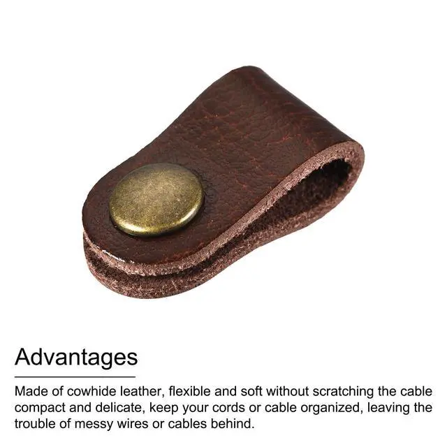 Alt view image 5 of 6 - Pack of 15 Leather Cable Straps Cord Organizer 63x16mm Portable Cable Leather Clips Brown Earphone Cord Management for Cable, Wire
