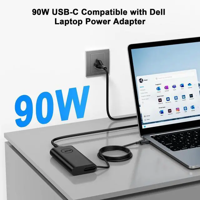 Alt view image 6 of 6 - 90W USB C AC Laptop Charger Compatible with Dell Latitude 5480 5490 5580 7490 7480 7390 XPS 13 9380 9370 9365 9360 XPS 15 9560 LA90PM170 TDK33 OTDK33 Power Supply Cord