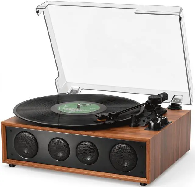 Main image of Vinyl Record Player Bluetooth Turntable with 4 Built-in Speakers, 3-Speed Belt-Driven Wireless Record Player with Adjustable Counterweight, LED Light Knobs, RCA Out, AUX-in, Brown