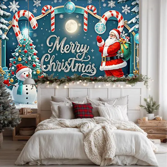 Alt view image 3 of 7 - Snowman Christmas Backdrop Candy Cane Decorations 8 x 6 FT | Christmas Backdrop Holiday Banner Candy Cane Decor Snowman Display for Home Wall Photo Booth Santa Claus