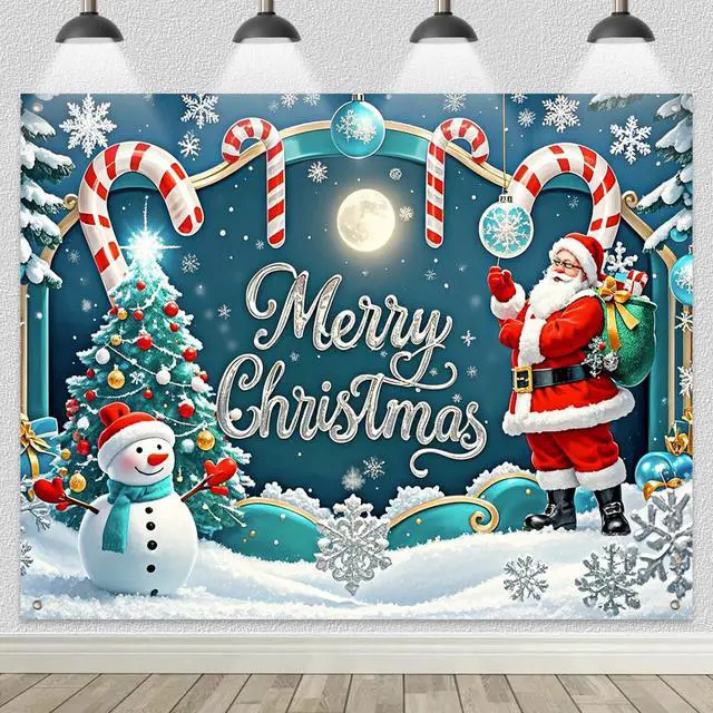 Alt view image 2 of 7 - Snowman Christmas Backdrop Candy Cane Decorations 8 x 6 FT | Christmas Backdrop Holiday Banner Candy Cane Decor Snowman Display for Home Wall Photo Booth Santa Claus
