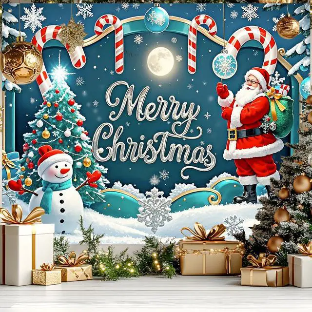 Main image of Snowman Christmas Backdrop Candy Cane Decorations 8 x 6 FT | Christmas Backdrop Holiday Banner Candy Cane Decor Snowman Display for Home Wall Photo Booth Santa Claus