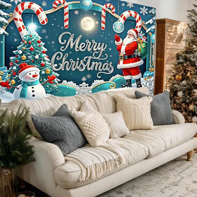 Alt view image 5 of 7 - Snowman Christmas Backdrop Candy Cane Decorations 8 x 6 FT | Christmas Backdrop Holiday Banner Candy Cane Decor Snowman Display for Home Wall Photo Booth Santa Claus