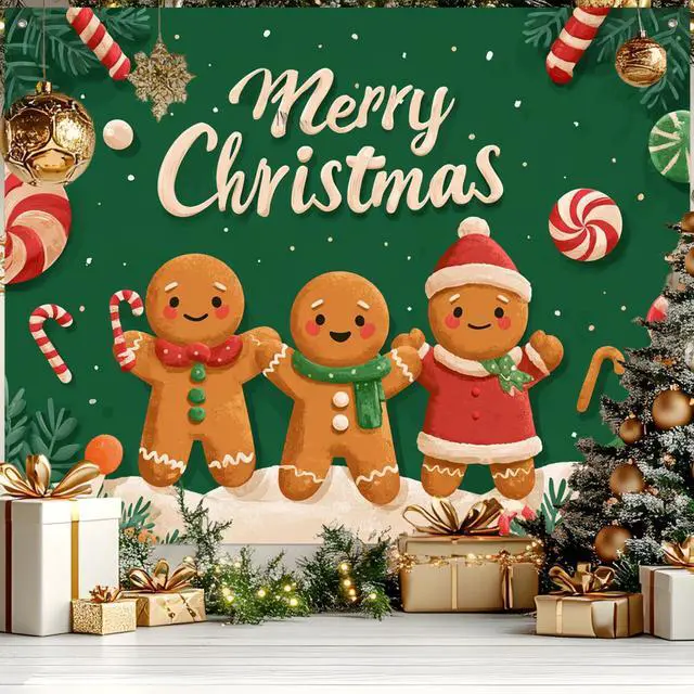 Main image of Gingerbread Christmas Backdrop Man Decorations 8 x 6 FT | Christmas Backdrop Holiday Banner Gingerbread Man Decor Candy Cane Display for Home Wall Photo Booth Winter