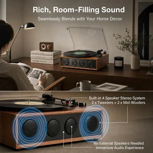 Alt view image 4 of 6 - Vinyl Record Player Bluetooth Turntable with 4 Built-in Speakers, 3-Speed Belt-Driven Wireless Record Player with Adjustable Counterweight, LED Light Knobs, RCA Out, AUX-in, Brown