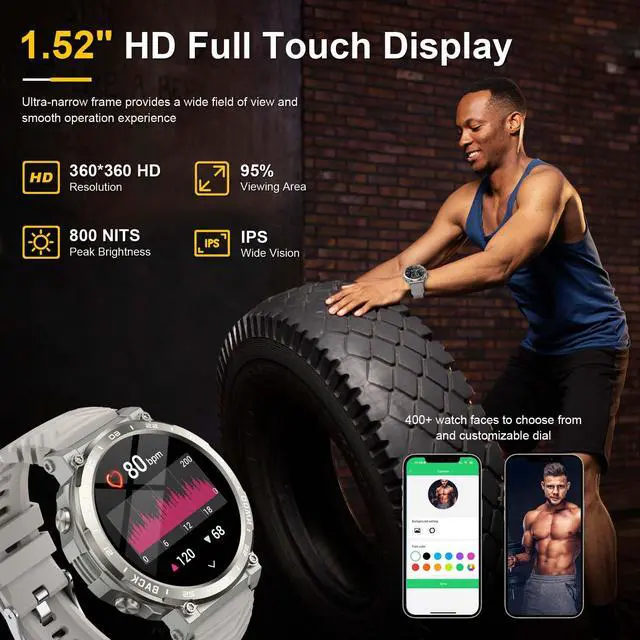 Alt view image 6 of 7 - 1.52" Smart Watches for Men Answer/Make Calls with 118 Sports Modes | Rugged Smartwatch, 5ATM Waterproof Fitness Watch,24/7 Heart Rate/BP/Sleep Tracker, Military Smart Watch for Android/iPhone