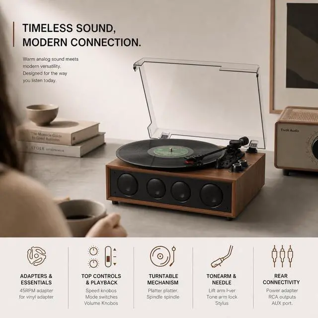 Alt view image 5 of 6 - Vinyl Record Player Bluetooth Turntable with 4 Built-in Speakers, 3-Speed Belt-Driven Wireless Record Player with Adjustable Counterweight, LED Light Knobs, RCA Out, AUX-in, Brown