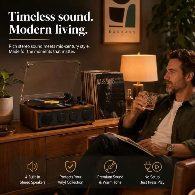 Alt view image 6 of 6 - Vinyl Record Player Bluetooth Turntable with 4 Built-in Speakers, 3-Speed Belt-Driven Wireless Record Player with Adjustable Counterweight, LED Light Knobs, RCA Out, AUX-in, Brown