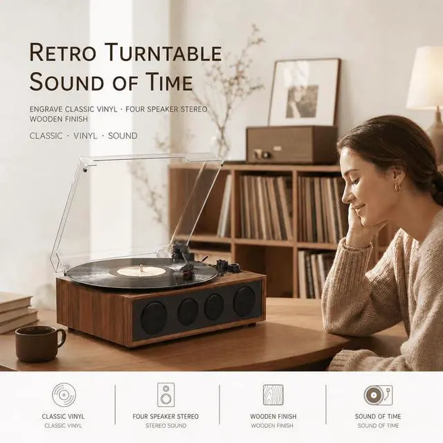 Alt view image 3 of 6 - Vinyl Record Player Bluetooth Turntable with 4 Built-in Speakers, 3-Speed Belt-Driven Wireless Record Player with Adjustable Counterweight, LED Light Knobs, RCA Out, AUX-in, Brown
