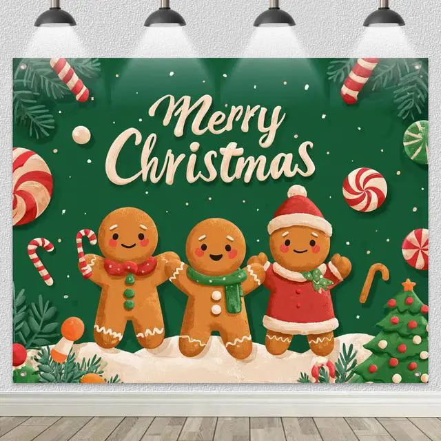 Alt view image 2 of 7 - Gingerbread Christmas Backdrop Man Decorations 8 x 6 FT | Christmas Backdrop Holiday Banner Gingerbread Man Decor Candy Cane Display for Home Wall Photo Booth Winter