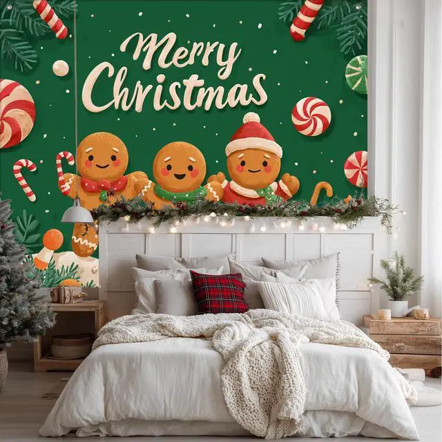 Alt view image 3 of 7 - Gingerbread Christmas Backdrop Man Decorations 8 x 6 FT | Christmas Backdrop Holiday Banner Gingerbread Man Decor Candy Cane Display for Home Wall Photo Booth Winter