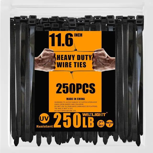 Main image of UltraHeavy Duty 250Pounds Tensile Strength12 Inchx0.48 Inch 250 pcs, Black Zip Ties for indoor and outdoor use, Industrial Multi-Purpose UV Resistant, Wide and Thick Zip Ties by