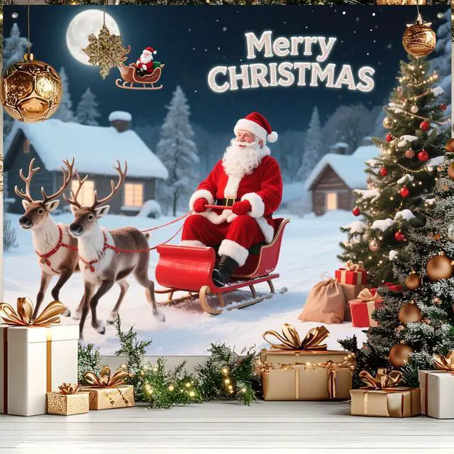 Main image of Santa Sleigh Backdrop Snowman Decorations 8 x 6 FT | Christmas Backdrop Holiday Party Banner Santa Sleigh Decor Snowman Display for Wall Photo Booth Home Reindeer