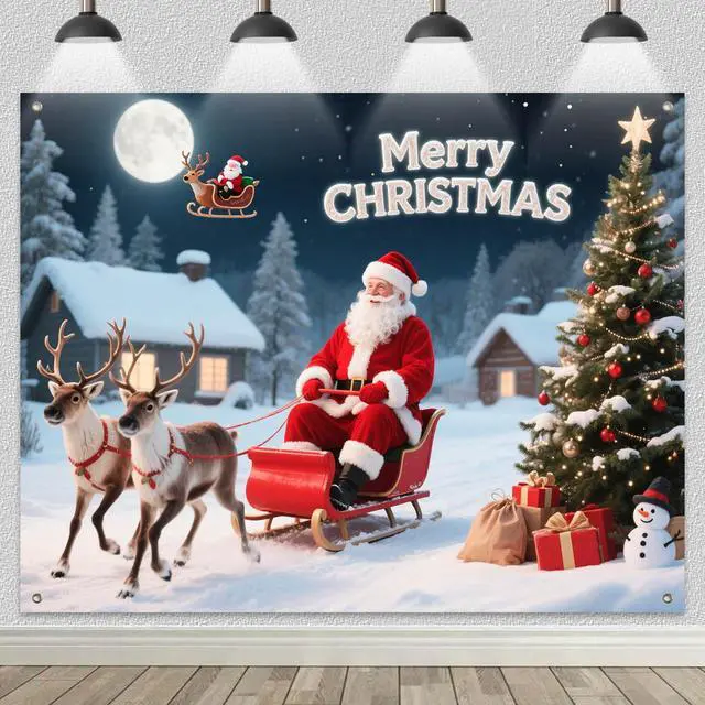 Alt view image 2 of 7 - Santa Sleigh Backdrop Snowman Decorations 8 x 6 FT | Christmas Backdrop Holiday Party Banner Santa Sleigh Decor Snowman Display for Wall Photo Booth Home Reindeer