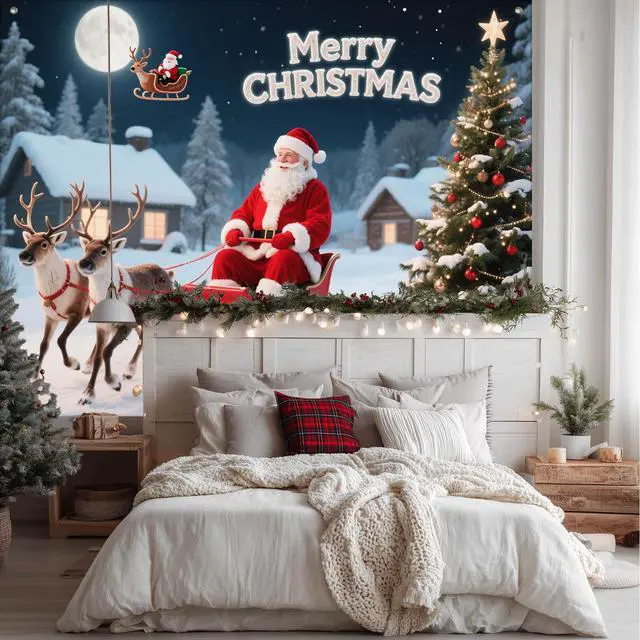 Alt view image 3 of 7 - Santa Sleigh Backdrop Snowman Decorations 8 x 6 FT | Christmas Backdrop Holiday Party Banner Santa Sleigh Decor Snowman Display for Wall Photo Booth Home Reindeer