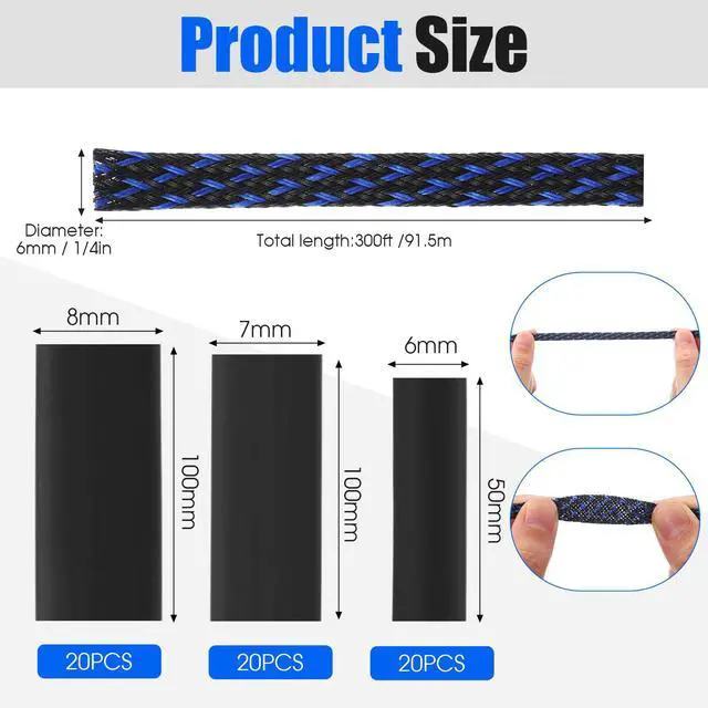 Alt view image 2 of 5 - 300 feet - 1/4 Inch Expandable Braided Cable Sleeve with 60 Heat Shrink Tubing for Television Audio Computer Cables Video Pets(Blue and Black)