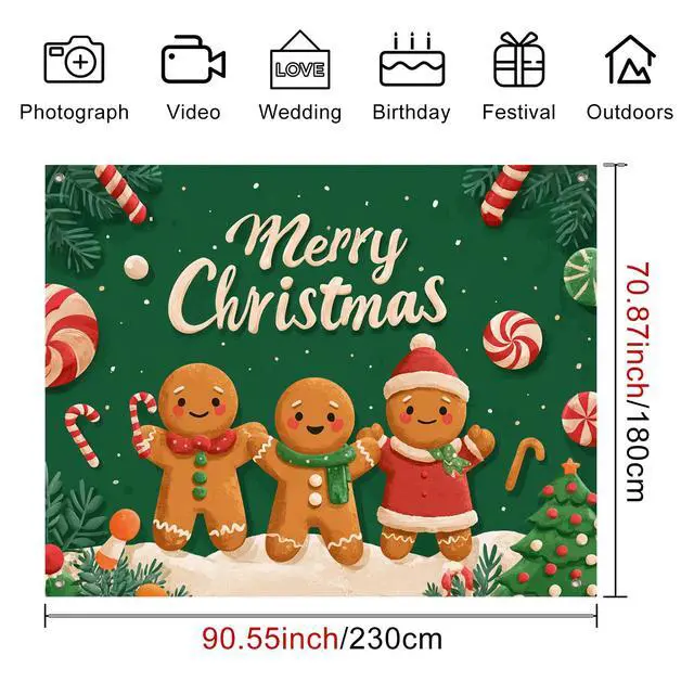 Alt view image 4 of 7 - Gingerbread Christmas Backdrop Man Decorations 8 x 6 FT | Christmas Backdrop Holiday Banner Gingerbread Man Decor Candy Cane Display for Home Wall Photo Booth Winter