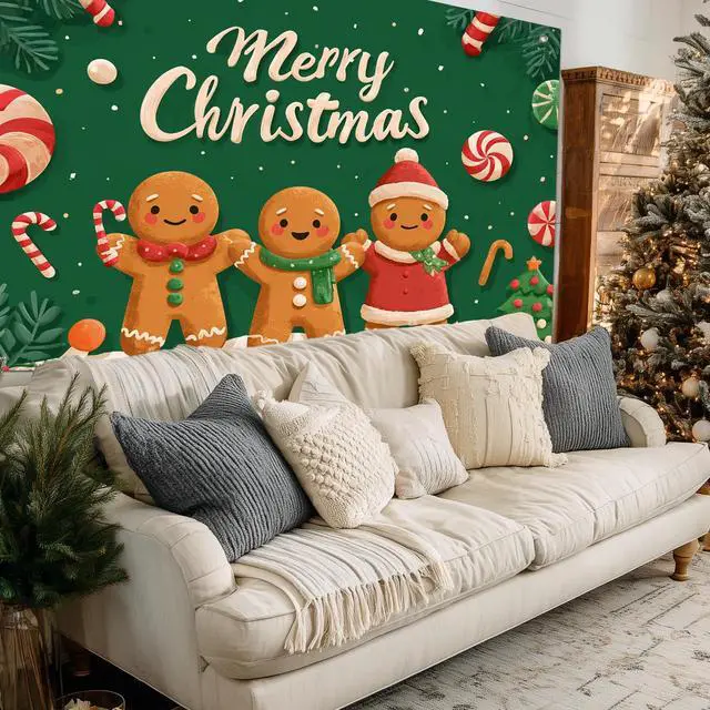 Alt view image 5 of 7 - Gingerbread Christmas Backdrop Man Decorations 8 x 6 FT | Christmas Backdrop Holiday Banner Gingerbread Man Decor Candy Cane Display for Home Wall Photo Booth Winter