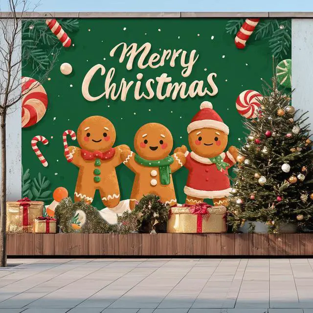 Alt view image 6 of 7 - Gingerbread Christmas Backdrop Man Decorations 8 x 6 FT | Christmas Backdrop Holiday Banner Gingerbread Man Decor Candy Cane Display for Home Wall Photo Booth Winter