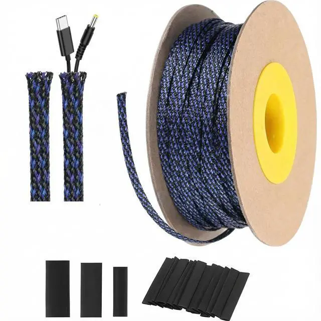 Main image of 300 feet - 1/4 Inch Expandable Braided Cable Sleeve with 60 Heat Shrink Tubing for Television Audio Computer Cables Video Pets(Blue and Black)