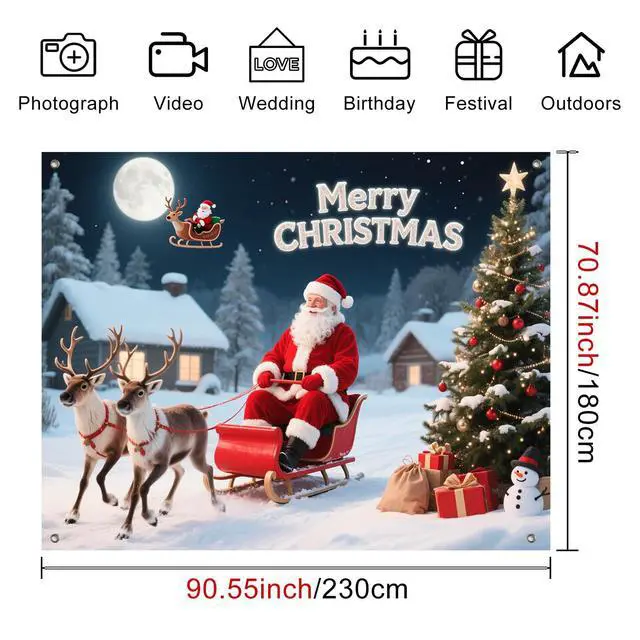Alt view image 4 of 7 - Santa Sleigh Backdrop Snowman Decorations 8 x 6 FT | Christmas Backdrop Holiday Party Banner Santa Sleigh Decor Snowman Display for Wall Photo Booth Home Reindeer