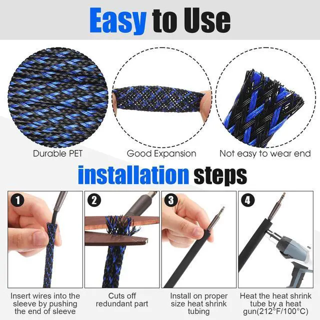 Alt view image 3 of 5 - 300 feet - 1/4 Inch Expandable Braided Cable Sleeve with 60 Heat Shrink Tubing for Television Audio Computer Cables Video Pets(Blue and Black)