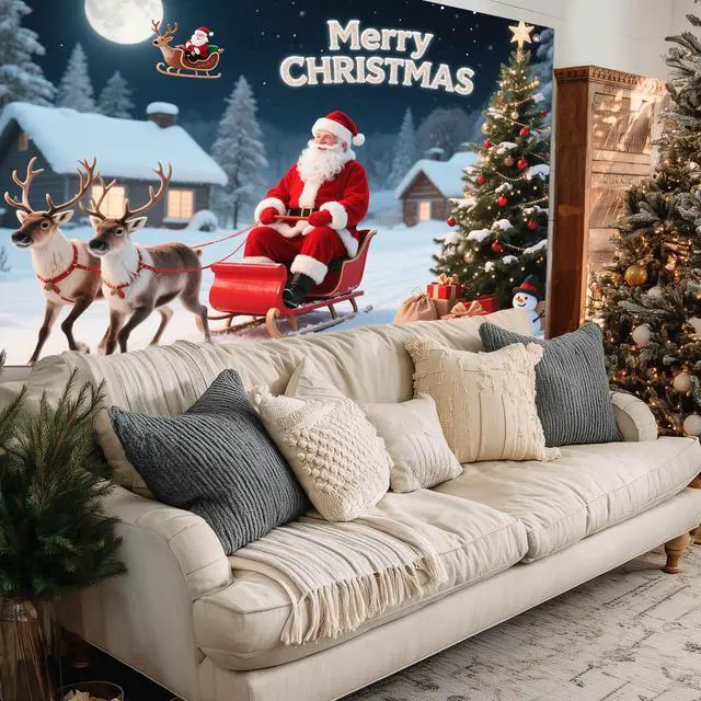 Alt view image 5 of 7 - Santa Sleigh Backdrop Snowman Decorations 8 x 6 FT | Christmas Backdrop Holiday Party Banner Santa Sleigh Decor Snowman Display for Wall Photo Booth Home Reindeer