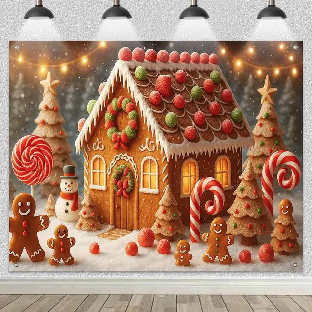 Alt view image 2 of 7 - Gingerbread Christmas Backdrop Candy Cane Decorations 8 x 6 FT | Christmas Backdrop Holiday Banner Gingerbread Decor Candy Cane Display for Photo Booth Home Wall Snowman